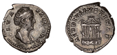 Diva Faustina Senior, Denarius, 146-61, draped bust right, hair bound up in pearls, rev. aed div favstinae,...