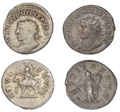 Philip I, Antoniniani (2), 245, radiate and cuirassed bust left, rev. adventvs avgg, emperor on horseback left,...