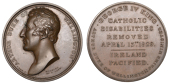 Catholic Emancipation Bill, 1829, a copper medal by T. Webb [after P. Rouw], bare head left, rev. legend, 55mm...
