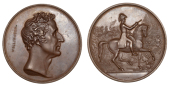 Commander-in-Chief of the Army, 1827, a copper medal by J. Henning, bare head right, rev. Wellington on horseback...