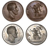 English Army Arrives in the Peninsula, 1808, white metal and copper medals by N. Brenet for Mudie, bare head right,...