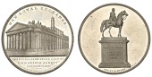 Erection of the Wellington Equestrian Statue, 1844, a white metal medal by T. Halliday for Hyams, view of the New...
