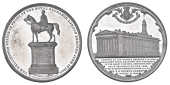Erection of the Wellington Equestrian Statue, 1844, a white metal medal by J. Davis, view of the New Royal Exchange,...