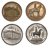Erection of the Wellington Equestrian Statue, 1844, a white metal medal by J. Davis, view of the New Royal Exchange,...