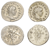 Philip II, Antoniniani (2), as Cæsar, rev. principi ivvent, prince standing left holding spear and globe, soldier...