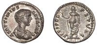 Roman Imperial Coinage, Geta, Denarius, 198-200, laureate bust right, rev. spei perpetvae, Spes walking left,...