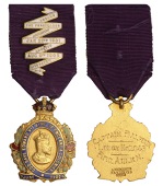 Coronation, 1902, a uniface gilt-bronze and enamel badge by L.S. Melman & Co., crowned bust right within ribbon,...