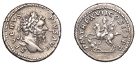 Roman Imperial Coinage, Septimius Severus, Denarius, 209, laureate head right, rev. Emperor galloping left, casting...