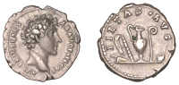Roman Imperial Coinage, Marcus Aurelius (as Cæsar), Denarius, Rome, 142, bare head right, rev. instruments of the...
