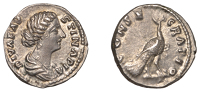 Roman Imperial Coinage, Diva Faustina Senior, Denarius, 176-80, draped bust right, rev. consecratio, peacock...