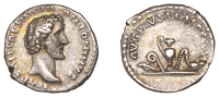 Roman Imperial Coinage, Antoninus Pius, Denarius, 139, bare head right, reads hadr antoninvs, rev. priestly...