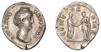 Roman Imperial Coinage, Diva Faustina Senior, Denarius, 142, draped bust right, rev. concordia, Antoninus standing...