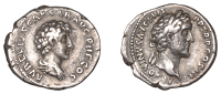 Roman Imperial Coinage, Antoninus Pius with Marcus Aurelius (as Cæsar), Denarius, 140, laureate head of Pius right,...