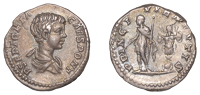 Roman Imperial Coinage, Geta (as Cæsar), Denarius, Rome, c. 200-5, rev. Geta standing left, trophy beside, 3.38g...