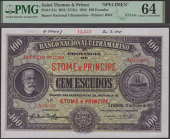Banco Nacional Ultramarino, St Thomas & Prince, printers archival specimen 100 Escudos, 21 March 1944, serial number...