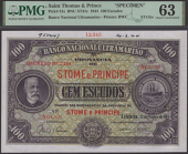 Banco Nacional Ultramarino, St Thomas & Prince, printers archival specimen 100 Escudos, 21 March 1944, serial number...