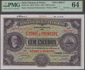 Banco Nacional Ultramarino, St Thomas & Prince, printers archival specimen 100 Escudos, 21 March 1944, serial number...