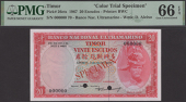 Banco Nacional Ultramarino, Timor, colour trial 20 Escudos, 24 October 1967, serial number 000000, Samuel Rodrigues...