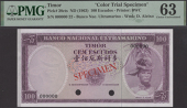 Banco Nacional Ultramarino, Timor, colour trial 100 Escudos, ND (1963), serial number 000000, no signature, red...