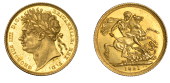 George IV (1820-1830), Sovereign, 1821

georgius IIII d : g : britanniar : rex : f : d :

laureate head...