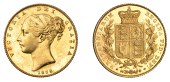Victoria (1837-1901), Sovereign, 1838

victoria dei gratia

bare head left, hair bound up by two fillets, date...