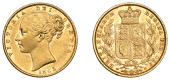 Victoria (1837-1901), Sovereign, 1863 [open 6 in date]

victoria dei gratia

bare head left, hair bound up by...