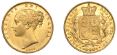 Victoria (1837-1901), Sovereign, 1845 [4 over inverted 4]

victoria dei gratia

bare head left, hair bound up by...