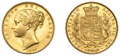 Victoria (1837-1901), Sovereign, 1845 [Roman numeral in date]

victoria dei gratia

bare head left, hair bound...
