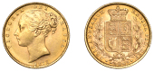 Victoria (1837-1901), Sovereign, 1872

victoria dei gratia

bare head left, hair bound up by two fillets; date...