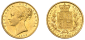 Victoria (1837-1901), Sovereign, 1866 [die 67]

victoria dei gratia

bare head left, hair bound up by two...