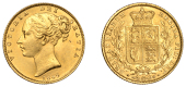 Victoria (1837-1901), Sovereign, 1869 [die 60]

victoria dei gratia

bare head left, hair bound up by two...