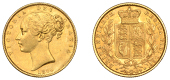 Victoria (1837-1901), Sovereign, 1860

victoria dei grΛtia [unbarred A in GRATIA]

bare head left, hair bound...
