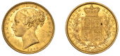 Victoria (1837-1901), Sovereign, 1852

victoria dei gratia

second large, bare head left, hair bound up by two...