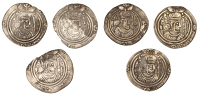 Arab-Sasanian, Ziyad b. Abi Sufyan, Drachm, bysh (Bishapur) 52h (A 8; ICV 7); ‘Ubayd Allah b. Ziyad, Drachms (4),...