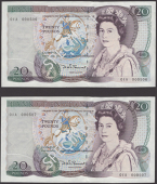 Bank of England, David H. F. Somerset, £20 (2), 15 November 1984, serial numbers 01A 000506, minor handling, about...