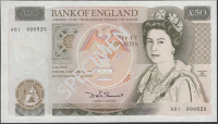 Bank of England, David H. F. Somerset, £50, 20 March 1981, serial number A01 000525, uncirculated, a low number for...