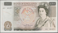 Bank of England, David H. F. Somerset, £50, 20 March 1981, serial number A01 001277, uncirculated, a relatively low...