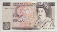 Bank of England, Graham E. A. Kentfield, £10, 25 November 1991, serial number KN03 000001, a couple of bends in the...