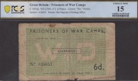 Prisoners of War Camps, 6 Pence, ND (1943-1945), serial number 638653, in PCGS holder number 15, choice fine...