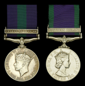 General Service 1918-62, 1 clasp, Palestine 1945-48 (14456870 Pte. W. R. Sutton. Suffolk.); General Service...