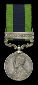 India General Service 1908-35, 1 clasp, Malabar 1921-22 (5820458 Pte. T. Rose. Suff. R.) edge bruising, digs in...