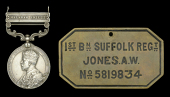 India General Service 1908-35, 1 clasp, Malabar 1921-22 (5819834 Pte. A. W. Jones. Suff. R.); together with a brass...