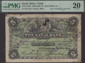 Natal Bank Limited, South Africa, cancelled £5, 1 May 1908, serial number B21120, two manuscript signatures,...