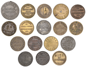 Borough of Hackney: City Road, Eagle Tavern, T[homas] Rouse, zinc Sixpence, 35mm (H 101); Hackney, Bridge House,...
