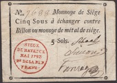 Siege of Mayence, 5 Sous, second issue, May 1793, serial number 7688, three manuscript signatures, original paper...