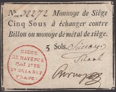Siege of Mayence, 5 Sous, second issue, May 1793, serial number 32272, three manuscript signatures, extremely nice...