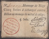 Siege of Mayence, 5 Sous, second issue, May 1793, serial number 40000, three printed signatures, pinholes, about...