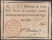 Siege of Mayence, 10 Sous, second issue, May 1793, serial number 2344, three manuscript signatures, original paper,...