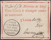 Siege of Mayence, 3 Livres, second issue, May 1793, serial number 30653, three manuscript signatures, original...