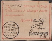 Siege of Mayence, 3 Livres, second issue, May 1793, serial number 78464, three manuscript signatures, thinning,...